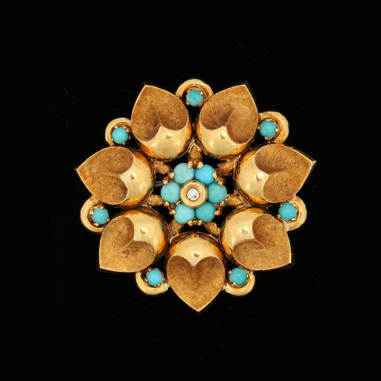 BROSCH, 18k guld med turkoser. Italien, 1900-talets andra hälft. Vikt 9,6g.