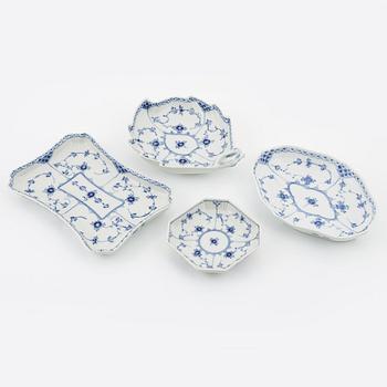 Nine porcelain dishes and bowls, half lace and Rifflet, 'Musselmalet', Royal Copenhagen, Denmark.