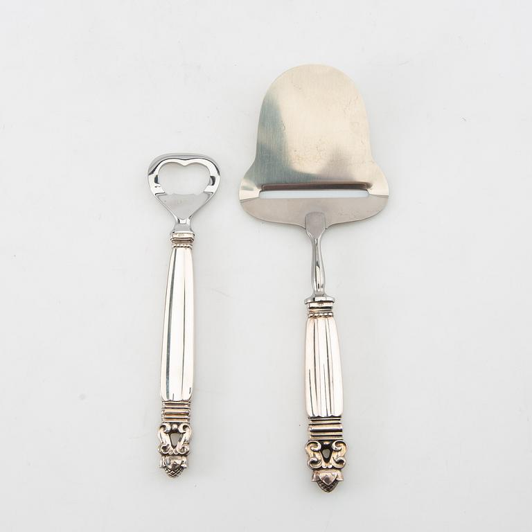 Johan Rohde, cheese slicer and bottle opener, sterling silver, "Konge/Acorn", Georg Jensen, Denmark, after 1945.