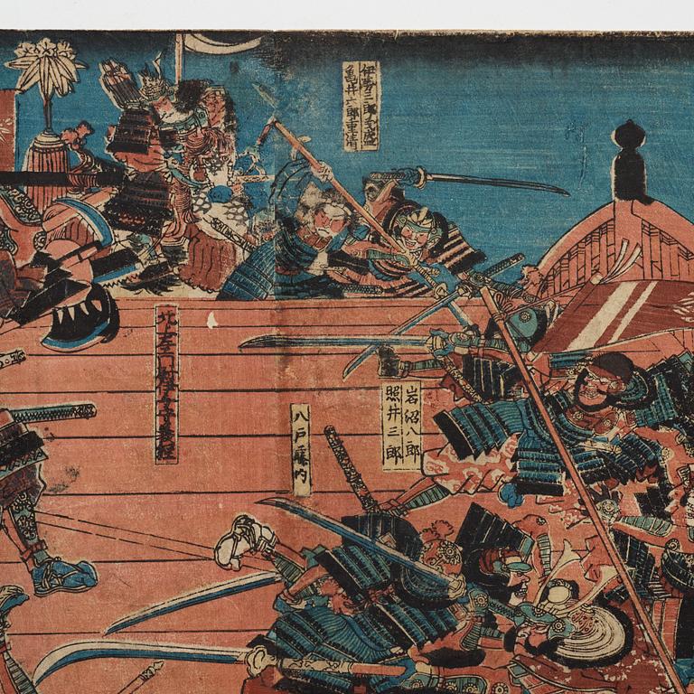 UTAGAWA YOSHITORA, two coloured woodblock prints, triptych, Japan, late 19th century.