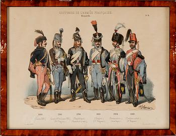 LITOGRAFISKA UNIFORMPLANSCHER, 8 st, Costumes de l'armée Française, 1800-talets slut.