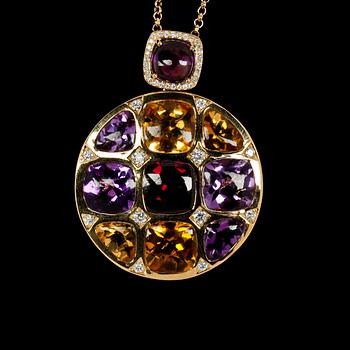 1180. PENDANT, cabochon cut amethyst, citrines and garnet with brilliant cut diamonds, tot. app. 0.65 ct.