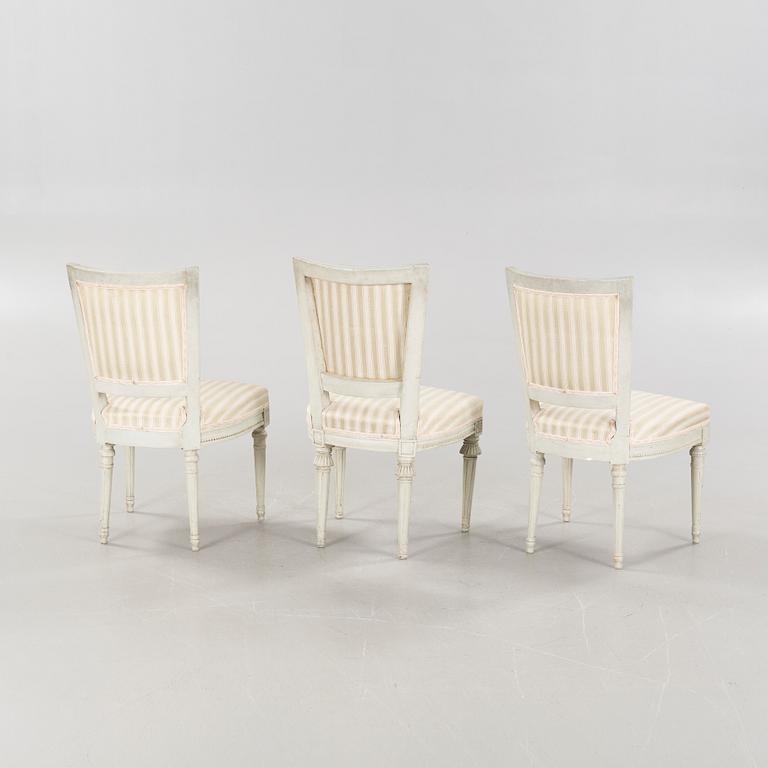 Three chairs, gustavian and gustavian style, aorund the year 1800 and around the year 1900.