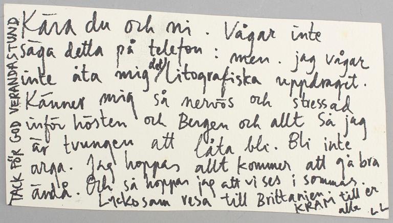 LARS LERIN, akvarell/vykort,  signerad.