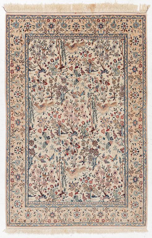 A Nain rug, part silk, figural, c. 165 x 110 cm.