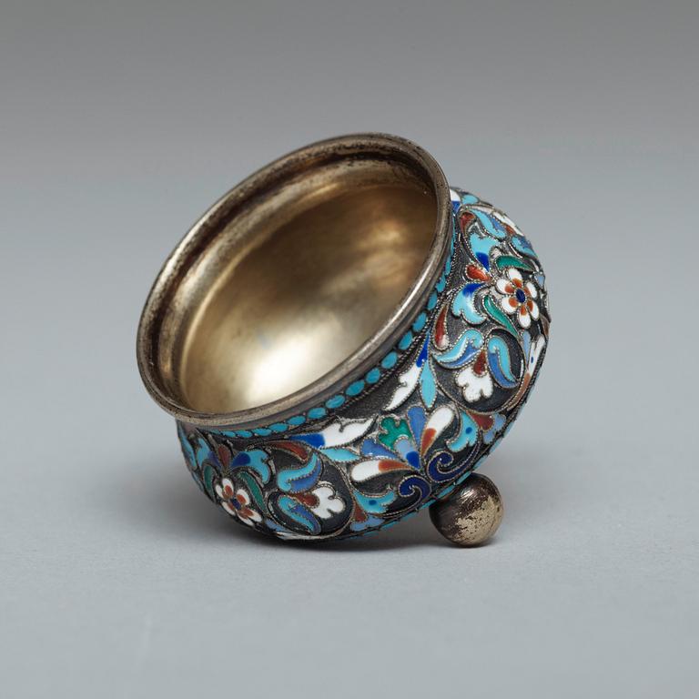 A Russian late 19th century silver-gilt and enamel salt, unidentified makers mark, Moscow.