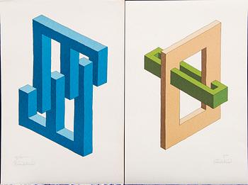 Oscar Reutersvärd, three color lithographs, signed 6/75, 36/75 & 5/90.