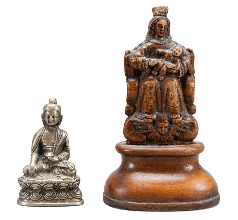 TWO WOOD AND METAL FIGURES,