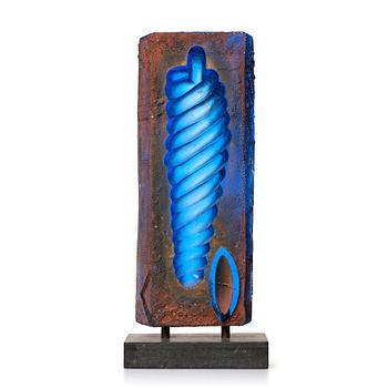 Bertil Vallien, a blue sand cast and polished glass sculpture, Kosta Boda Sweden.