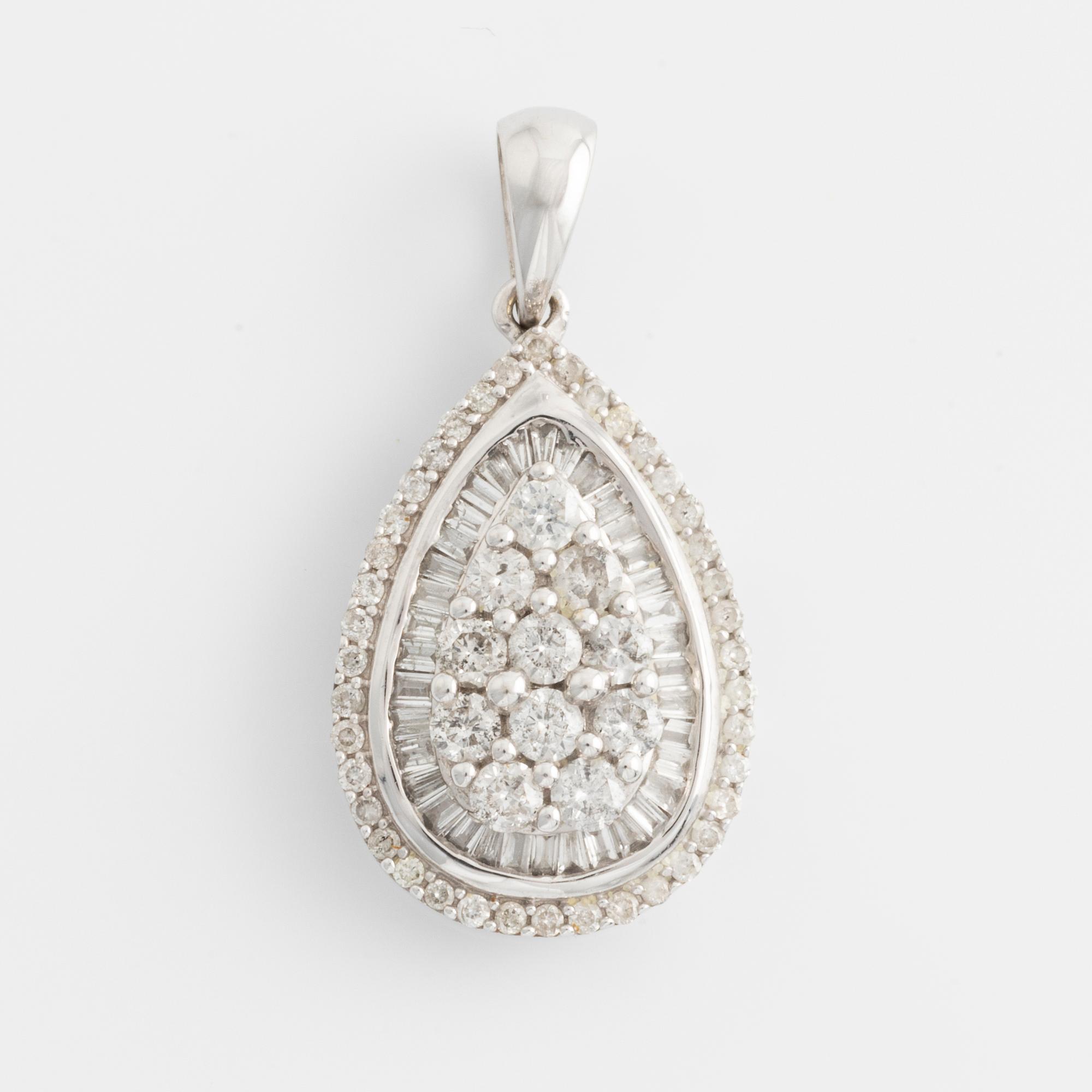 Hänge, droppformad, vitguld med baguette- och briljantslipade diamanter.