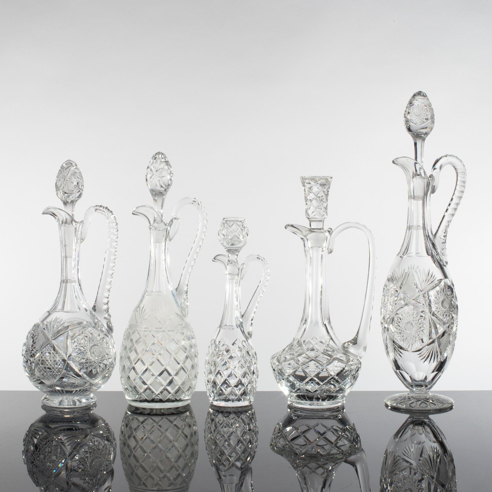 KARAFFER, 5 stycken, glas, 1900-talets första hälft.