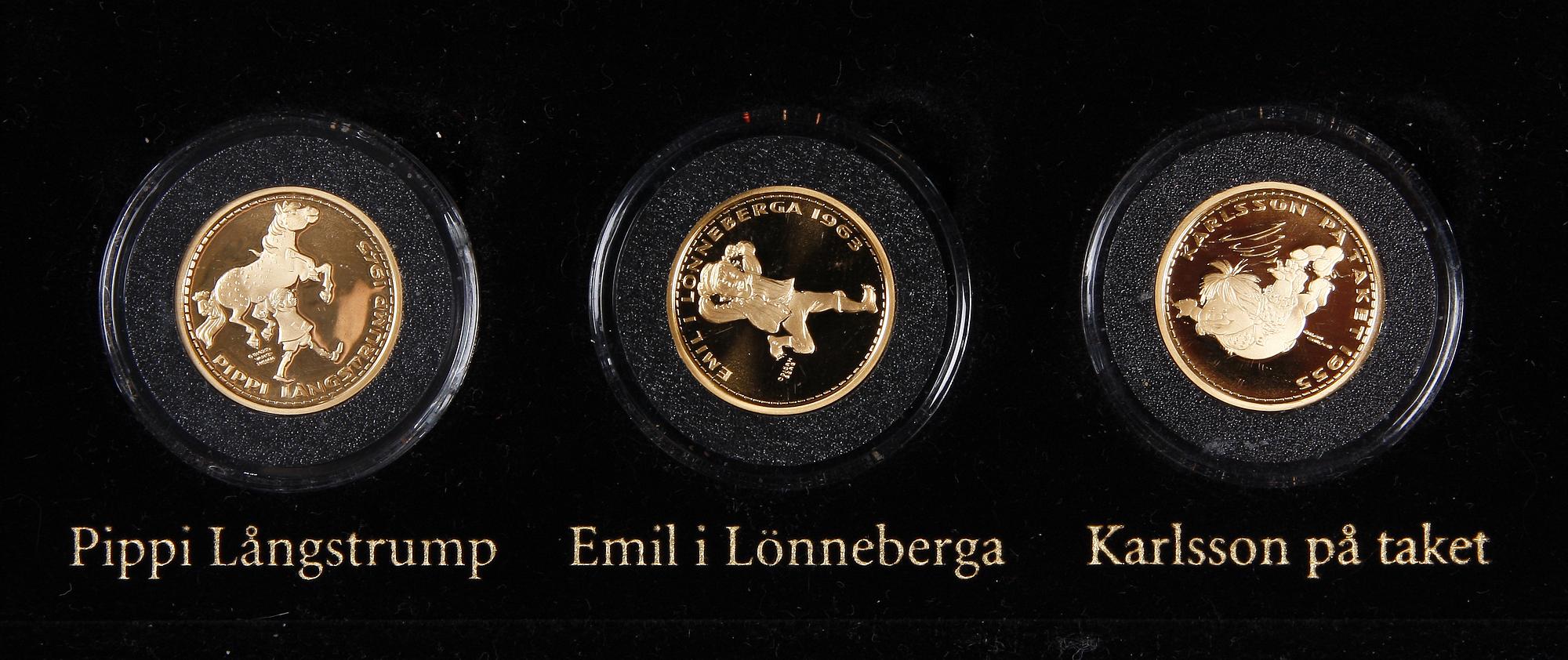 GULDMYNT, 3 st, Astrid Lindgren. Nr 573/1000. Tot vikt 25,8 gram.