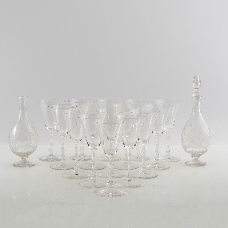 Simon Gate, wine glasses 15 pcs and decanters 2 pcs first half of the 20th century.