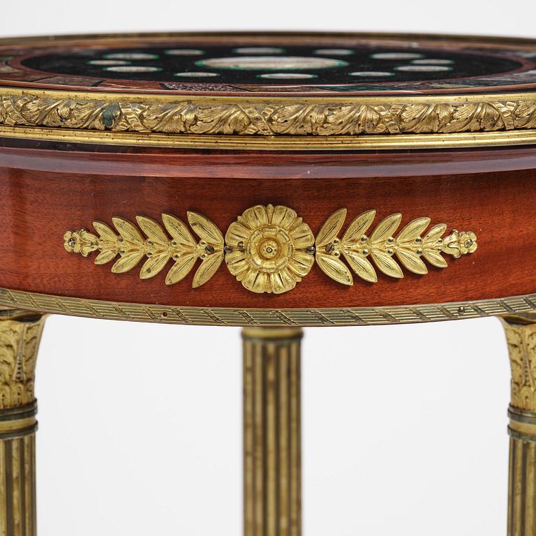 An Empire-style mahogany table with a pietre dure, micromosaic and specimen marble top, mid 19th century.