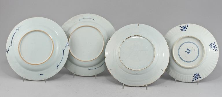 TALLRIKAR, 4 st, porslin och fajans, Kina och Europa, 1700-tal.