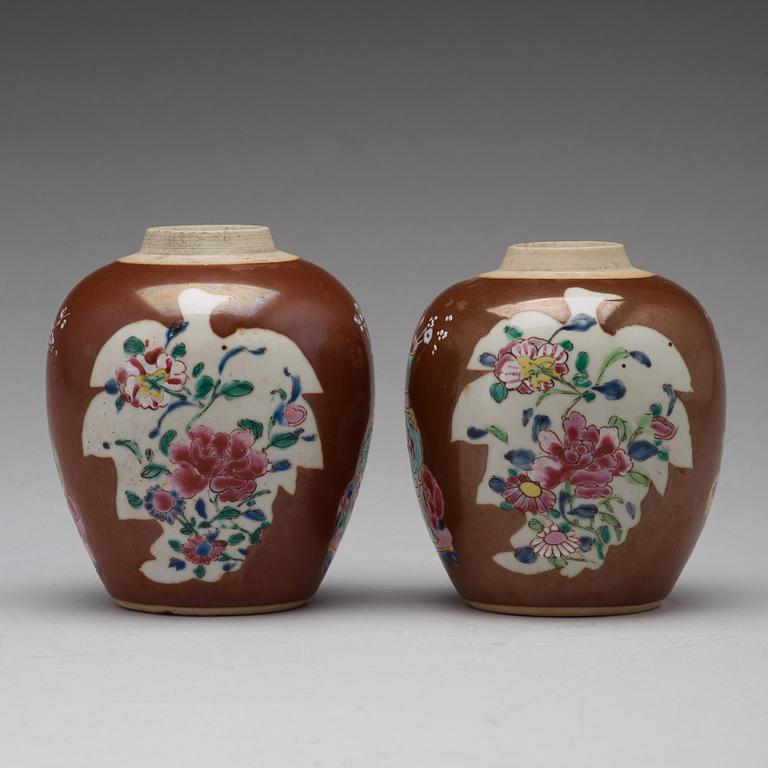 A pair of famille rose and cappuciner brown jars, Qing dynasty, Qianlong (1736-95).
