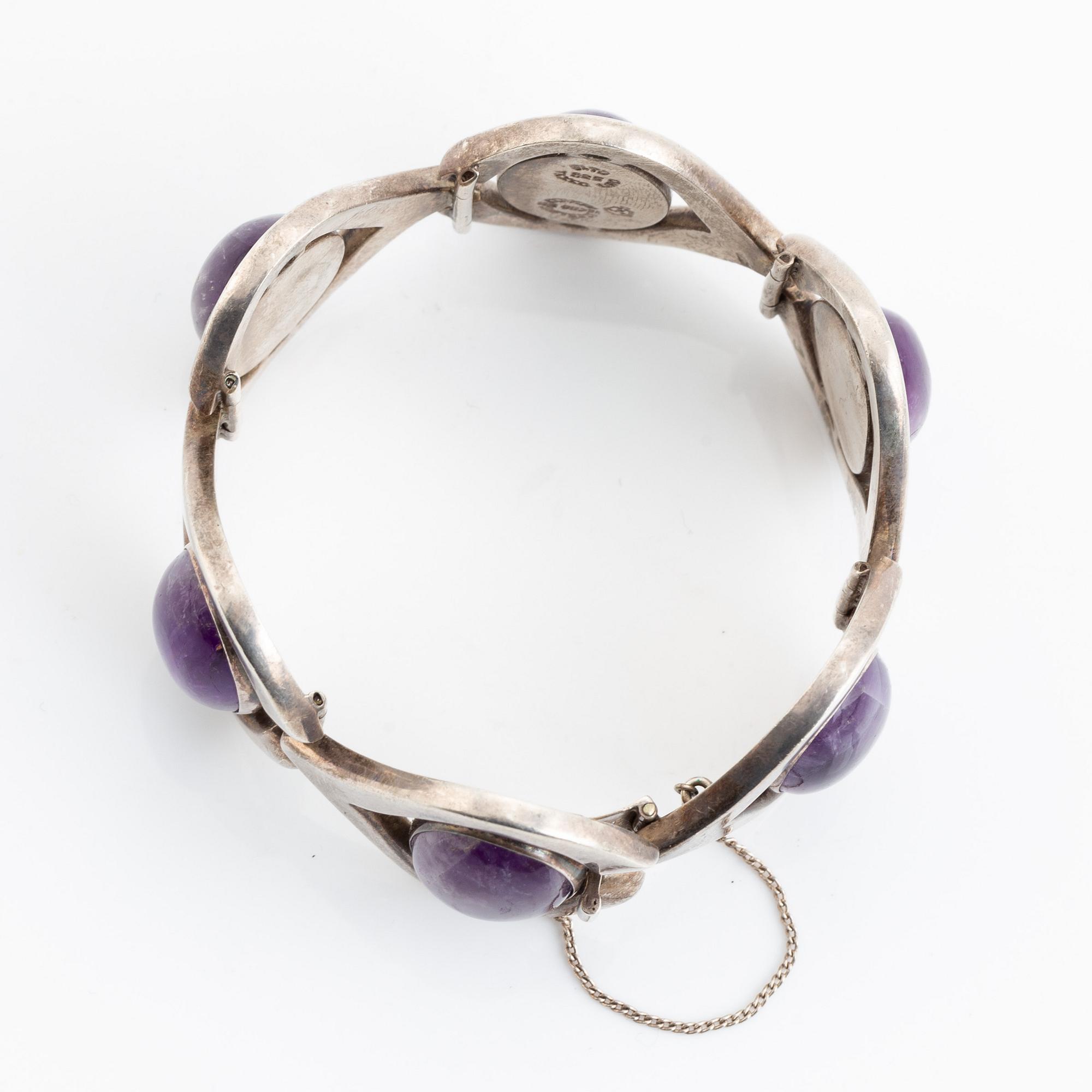 Silver and cabochon cut amethyst bracelet, Mexico.