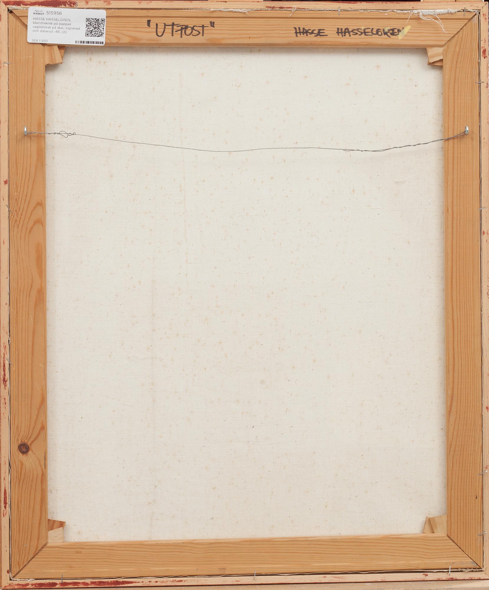 HASSE HASSELGREN, blandteknik på papper uppklistrat på duk, signerad och daterad -85.