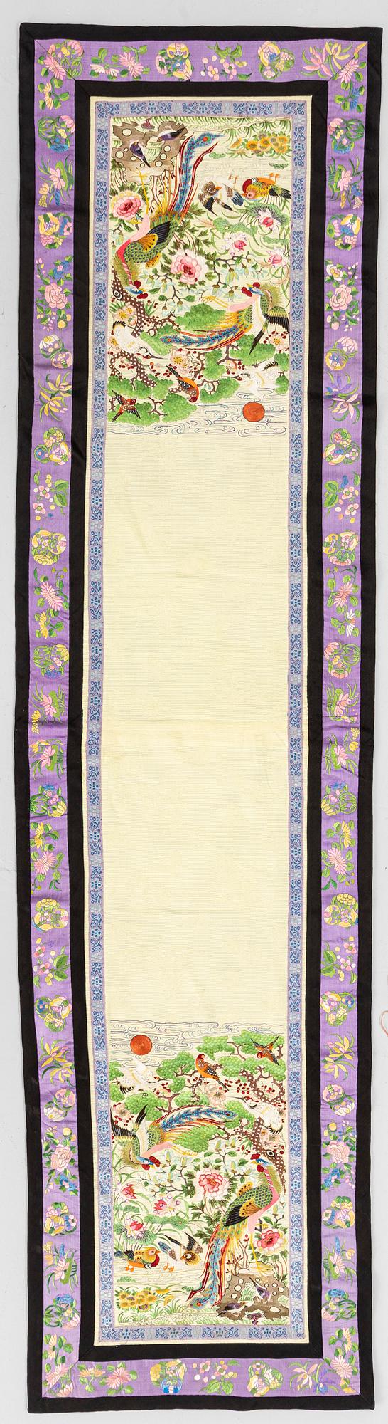 A group lot of embroidered silk textiles and a silk sowing purse, late Qing dynasty/early 20th century.