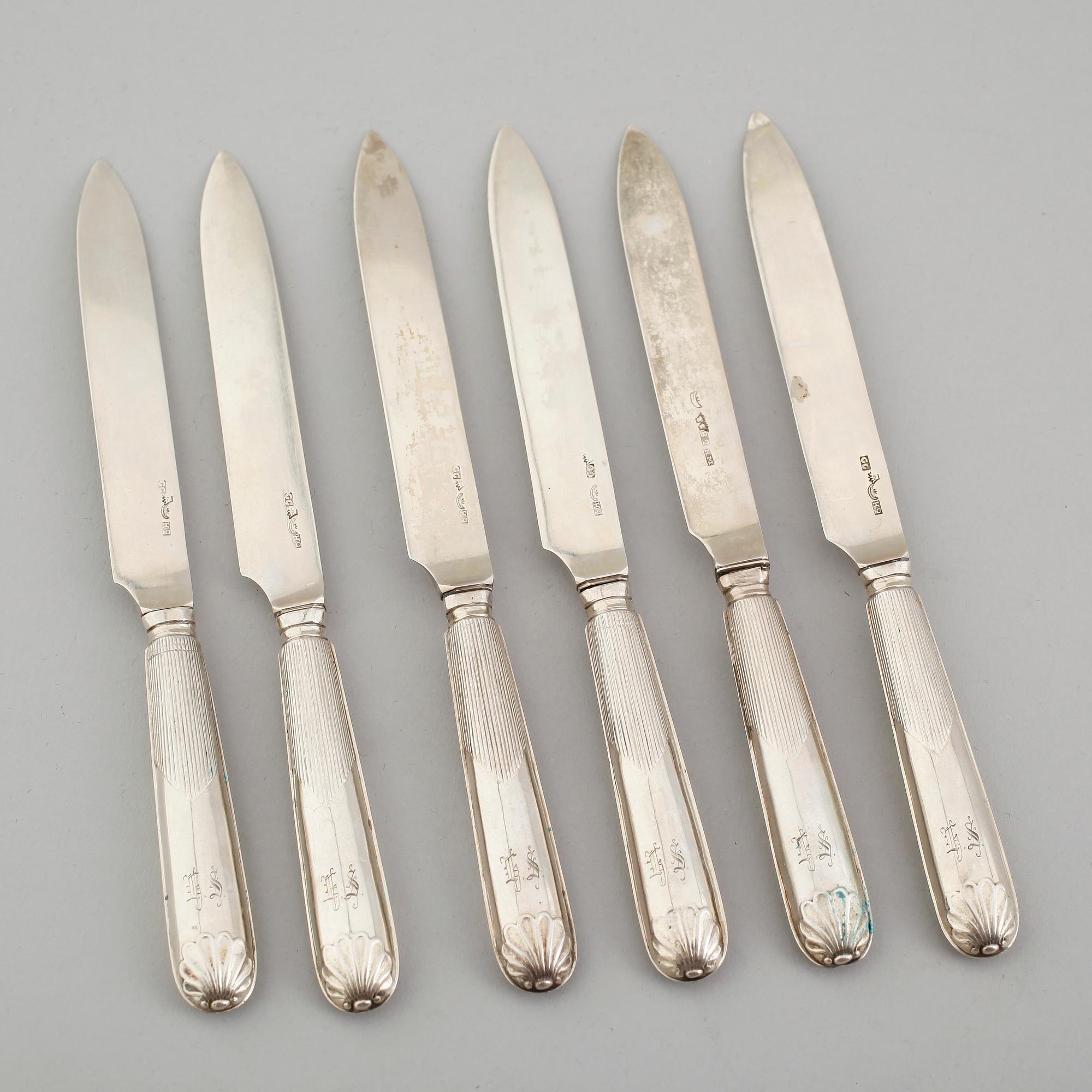 FRUKTKNIVAR, 6 st, silver, Gustaf Grönholm, Helsingfors 1841. Vikt ca 172 gram.