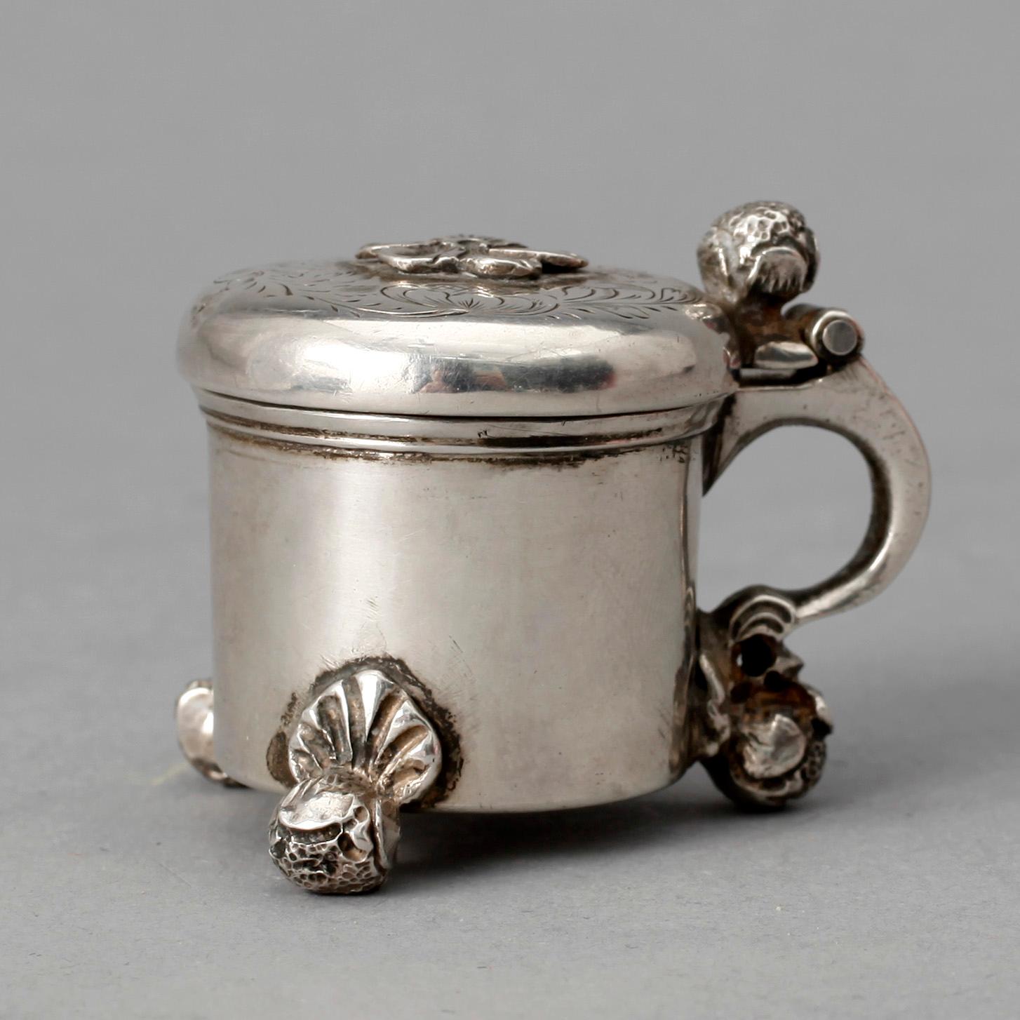 DRYCKESKANNA, silver, miniatyr, senbarock, troligen 1700-tal, bär ej stämpel.