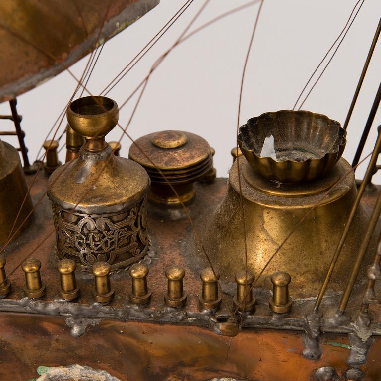 A copper and brass ship model signed B.O. -74.