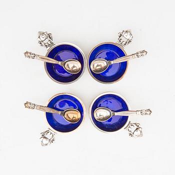 Johan Rohde, salt cellars 4 pcs and spoons "Konge/Achorn" sterling silver for Georg Jensen after 1945.