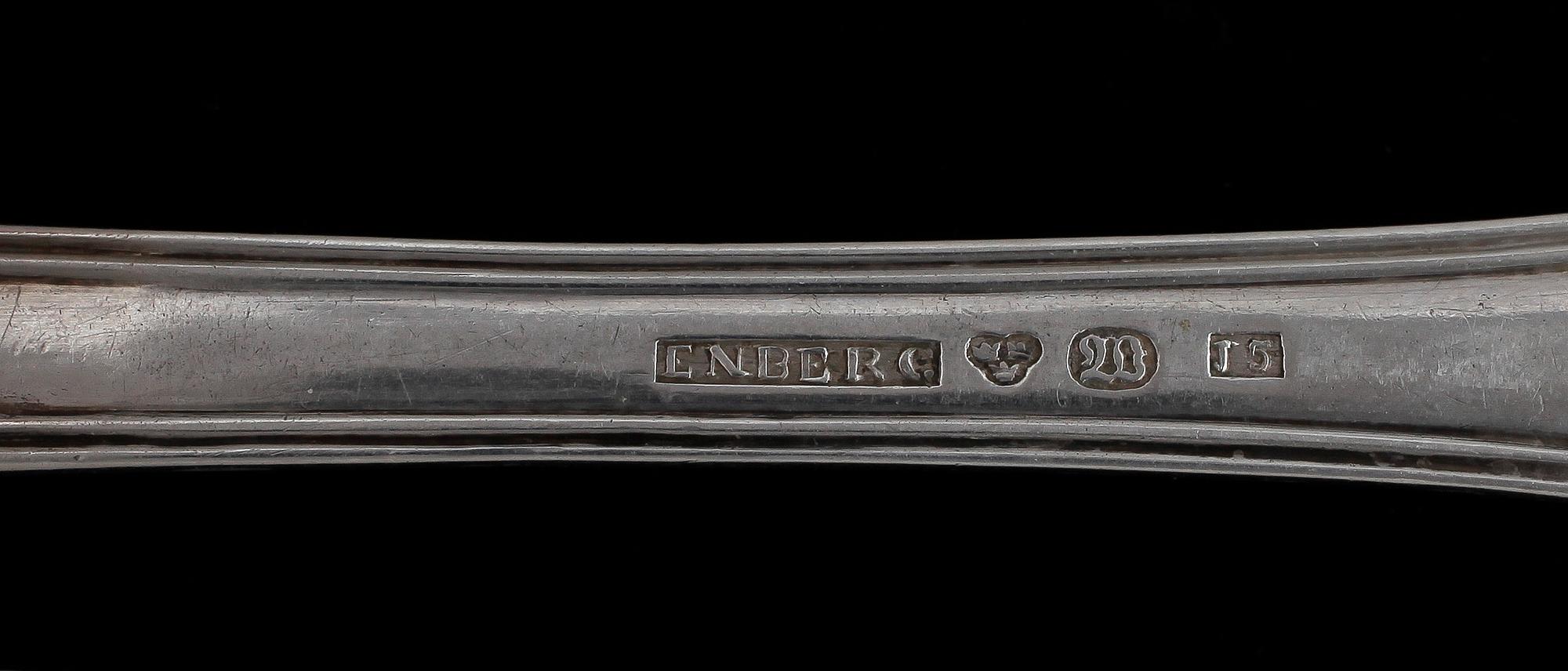 MATSKEDAR, 7 st, silver, snarlika, troligen Jonas Olsson Enberg, Värnesborg, 1856. Vikt 399g.