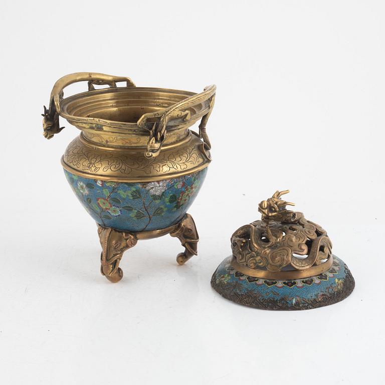 A Chinese cloisonné and bronze tripod censer, late Qing dynasty.