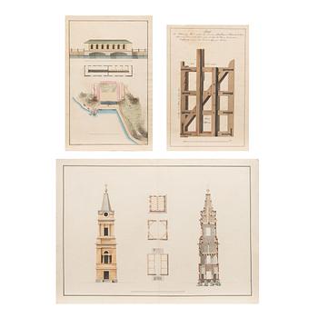 AKVARELLER/RITNINGAR, 3 st. tillskrivan Carl Ludwig Engel (1778-1840), ej signerade.