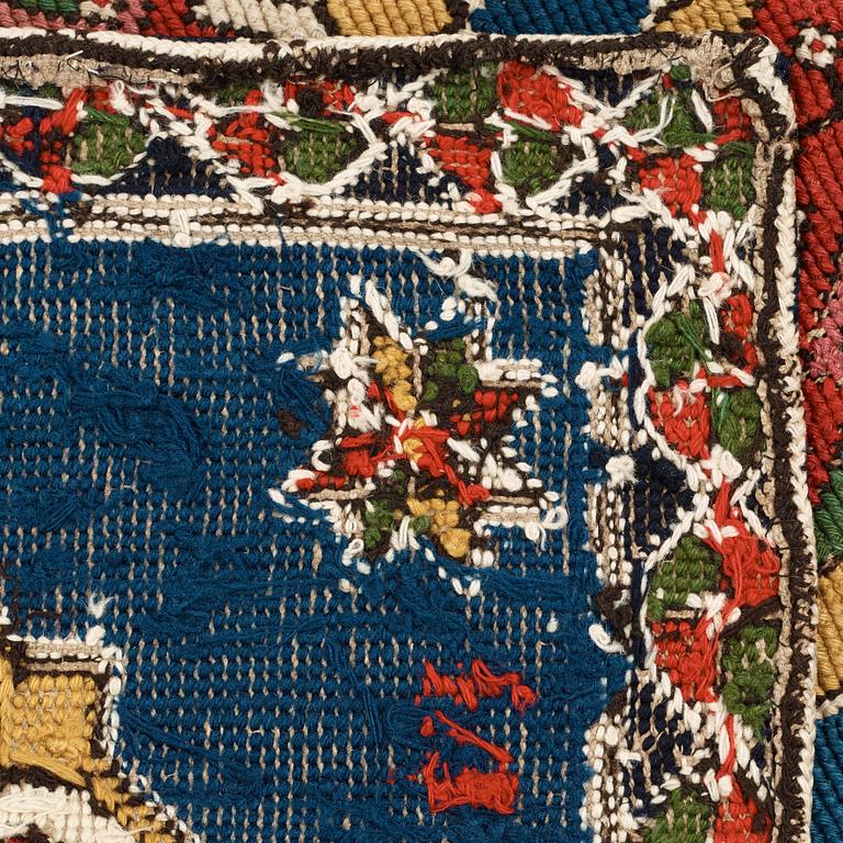 CARRIAGE CUSHION, EMBROIDERED. Probably south of Scania, Sweden, 1821. 45,5 x 98 cm.