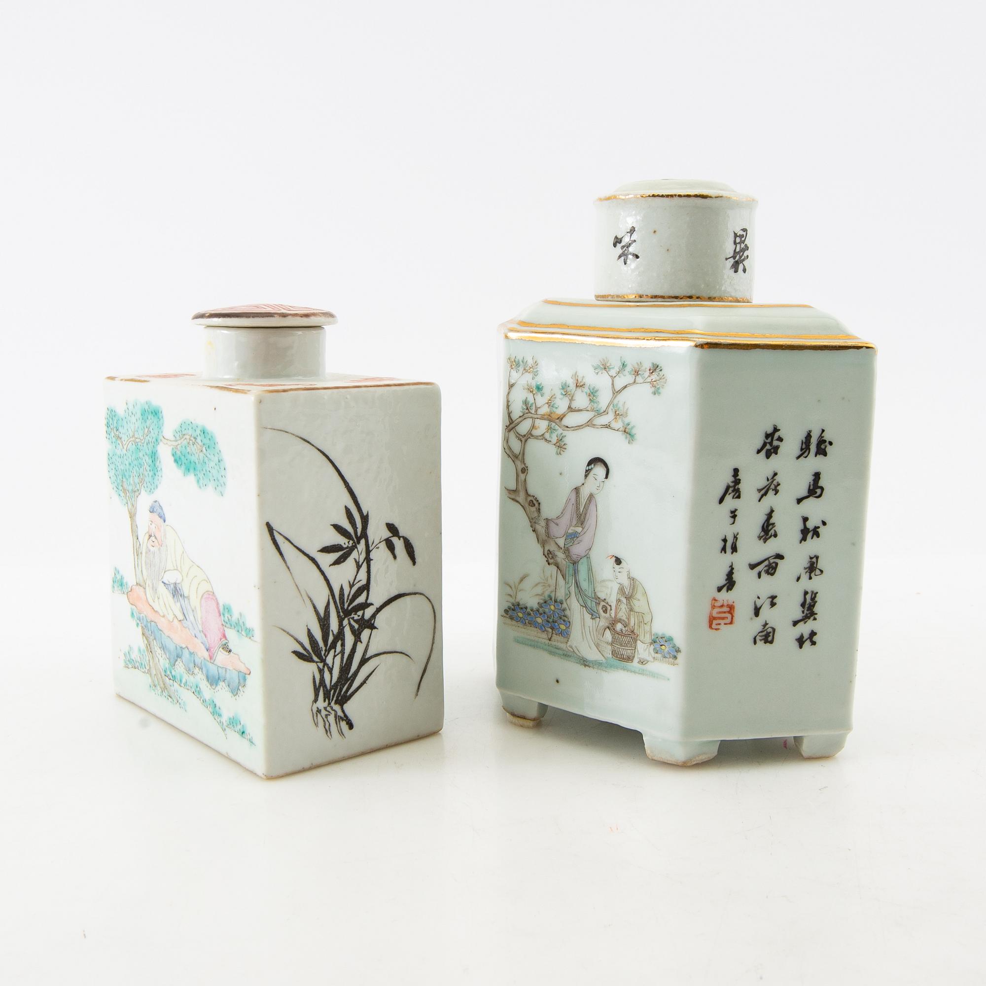 Two famille rose tea caddies, late Qing dynasty, circa 1900.