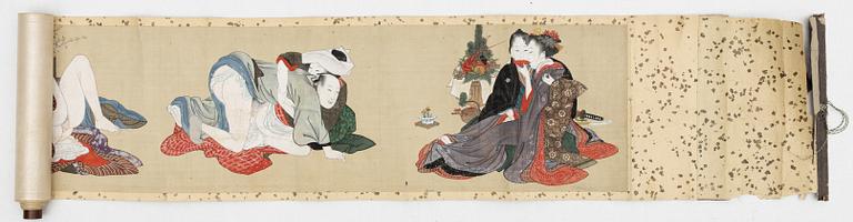 Makimono/a scroll painting, shunga, ink and colour on silk, Japan, 19th century.
