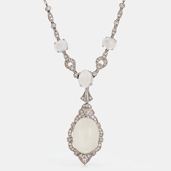 A platinum necklace set with moonstones and old- and eight-cut diamonds.