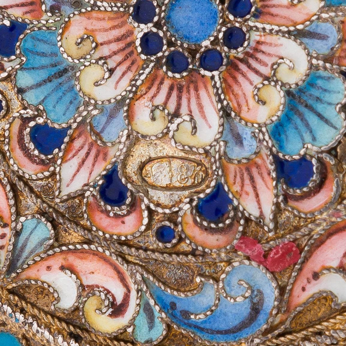 A gilt silver cloisonné enamel pill box, maker's mark of D. Nikitin, Moscow 1908-17.