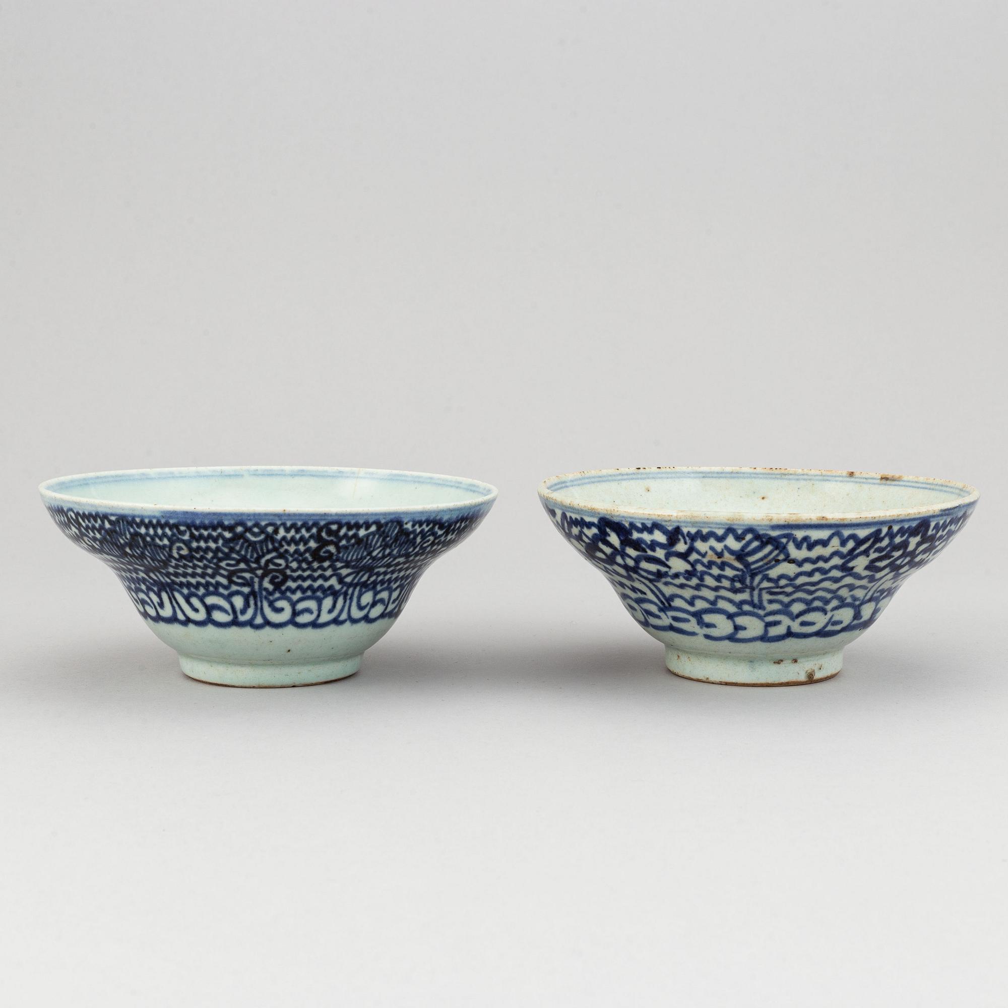 A group of 13 (11+2) blue and white bowls and dishes, Ming, Qing and, Japan, also  20th century.