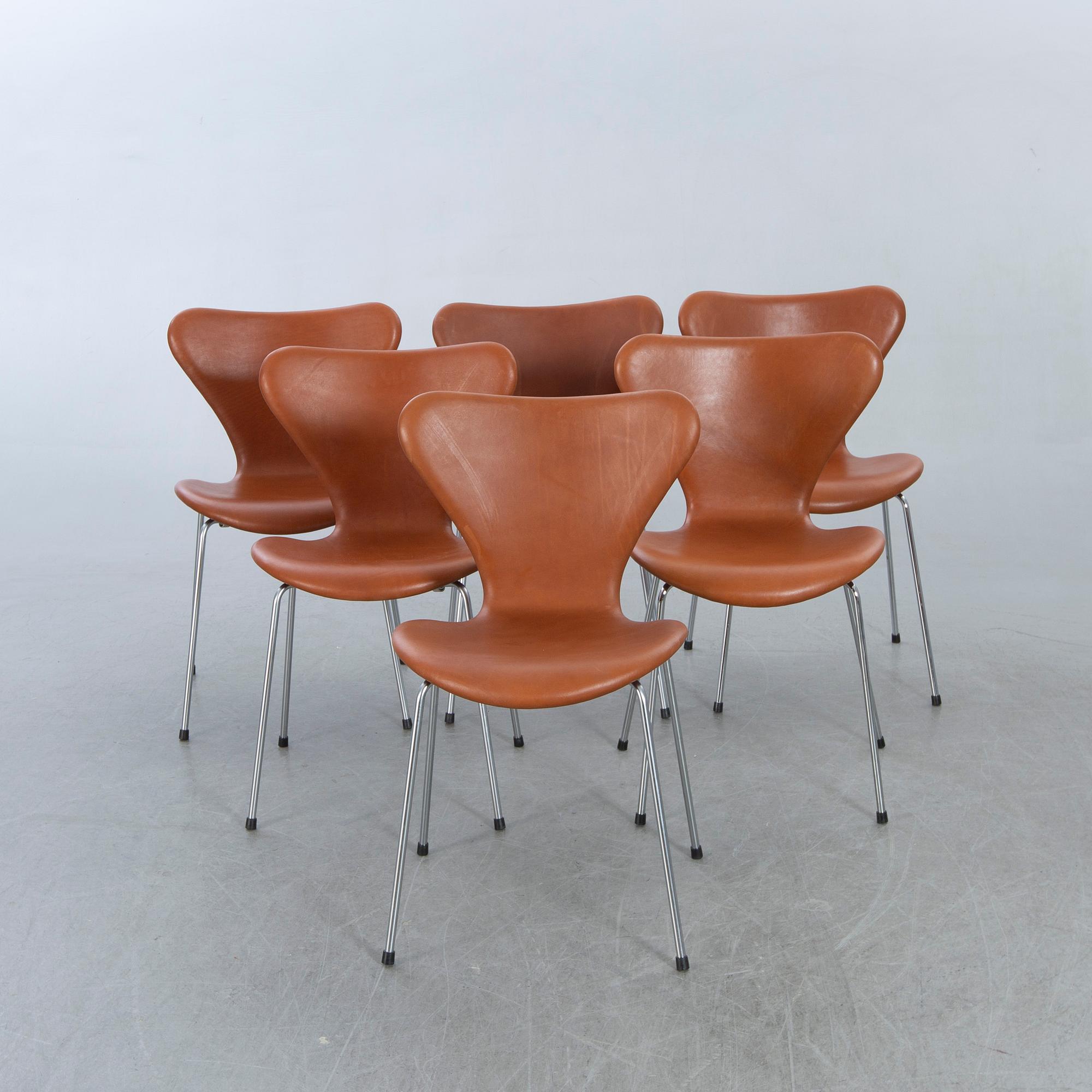 Arne Jacobsen, stolar, 6 st, "Sjuan", Fritz Hansen, Danmark.