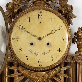 A Gustavian wall clock signed Hans Wessman, Stockholm, Sweden, late 18th century.