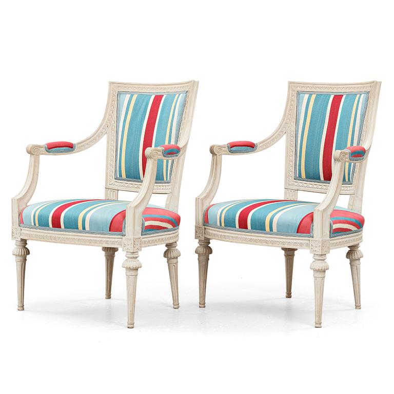 A pair of Gustavian late 18th century armchairs by Lars Söderholm (master in Stockholm 1789-1794).