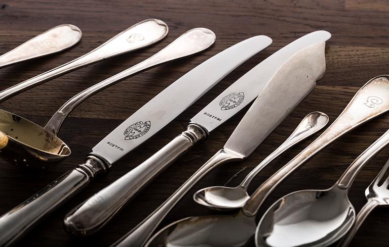 BESTICK, 208 dlr, "Svensk", silver, 1920-tal, total vikt inkl rostfria knivskaft ca 9000 g.