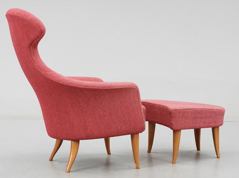 KERSTIN HÖRLIN-HOLMQUIST, fåtölj med fotpall, "Stora Eva", Triva-serien, NKs verkstäder i Nyköping, 1950-60-tal.