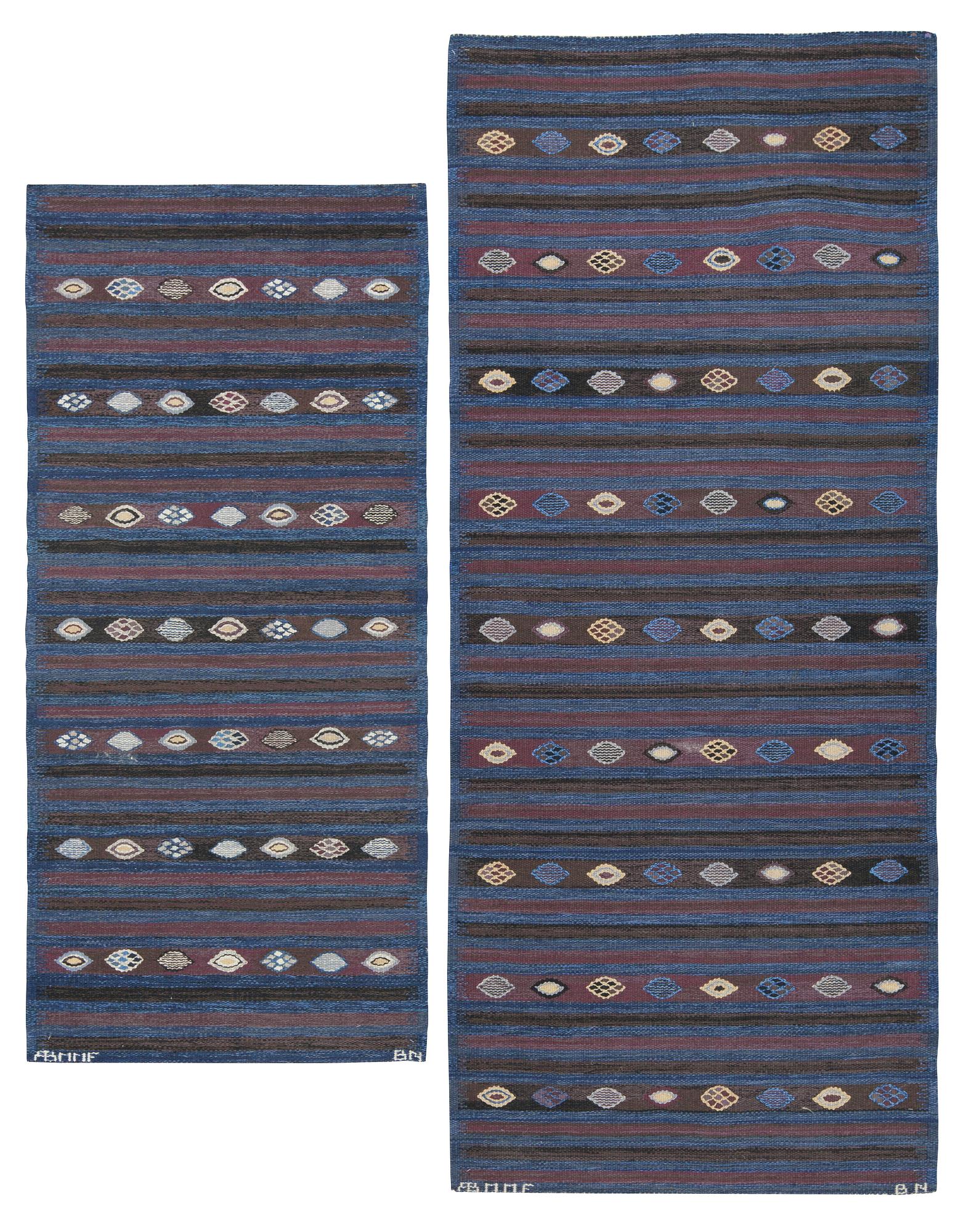 BARBRO NILSSON, carpets, 2 pieces, flat weave, 238,5 x 101 resp. 181,5 x 81 cm, "Blåbär, mörk", signed AB MMF BN.