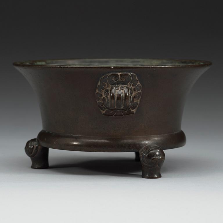A bronze tripod censer, Ming dynasty (1368-1644) with Xuande six charachter mark.