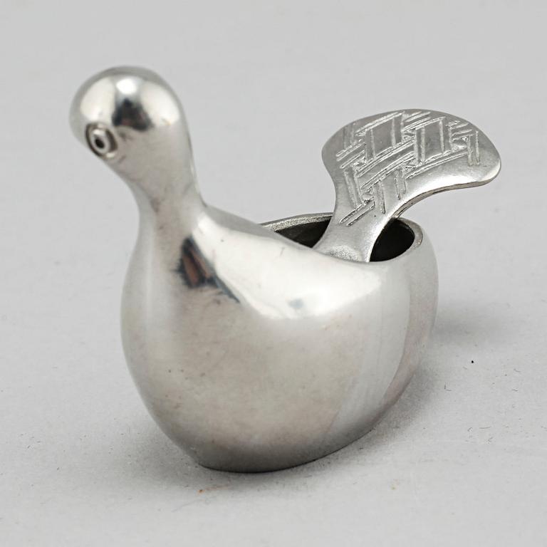 A "Kirun" salt bowl with spoon in pewter, made by Lars Pirak, second half of the 20th century.