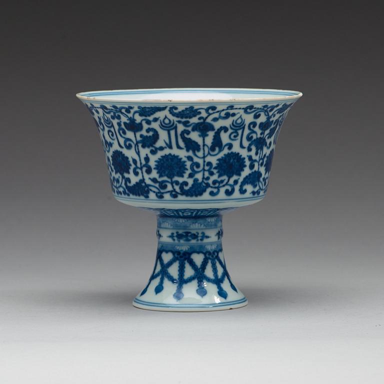 A blue and white stemcup with 'Lanca' characters, Qing dynasty with Qianlong mark.