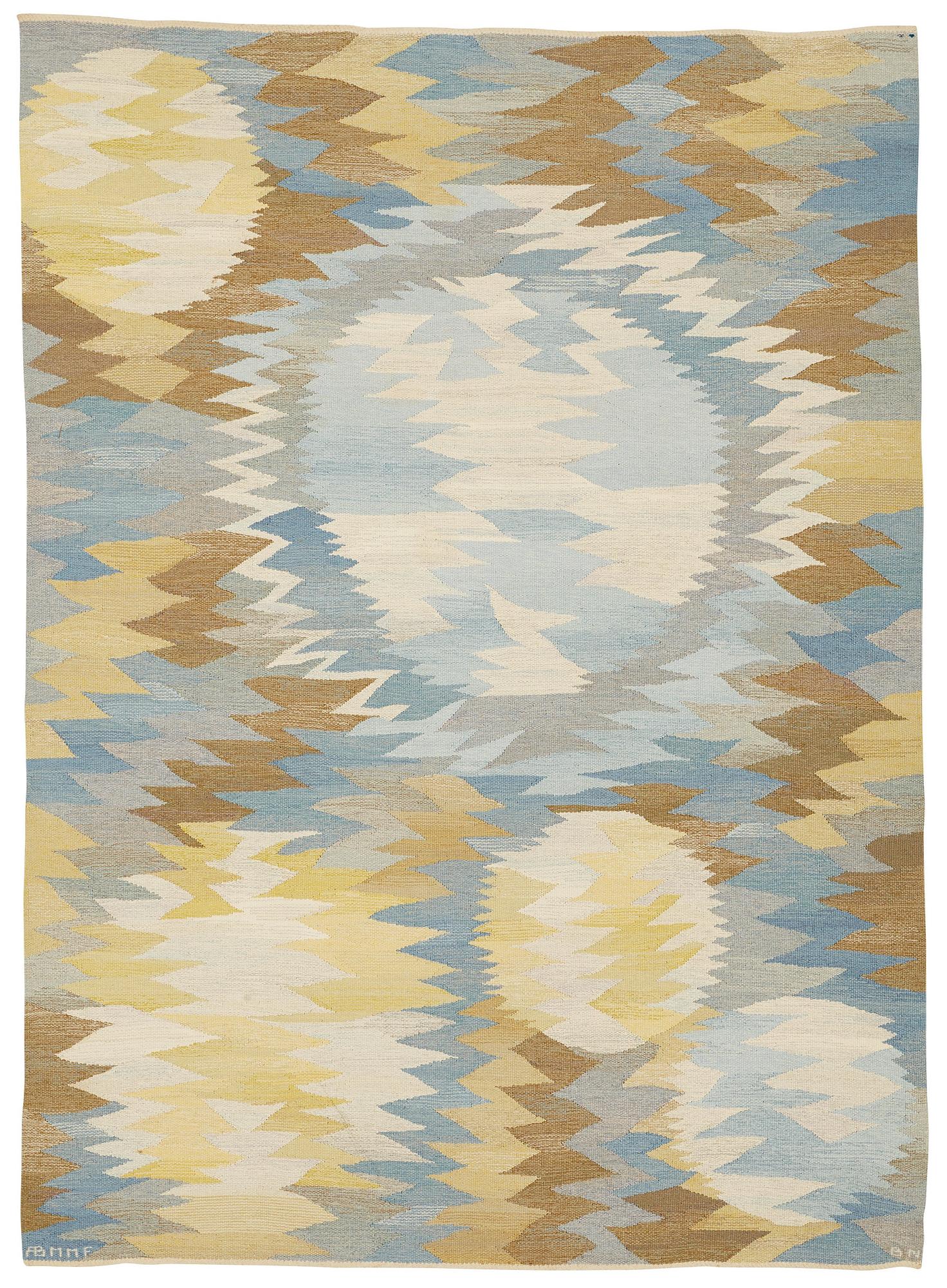 Barbro Nilsson, Matta, "Solfläckar", gobelängteknik, ca 287,5-289 x 207-208,5 cm, signerad AB MMF BN.