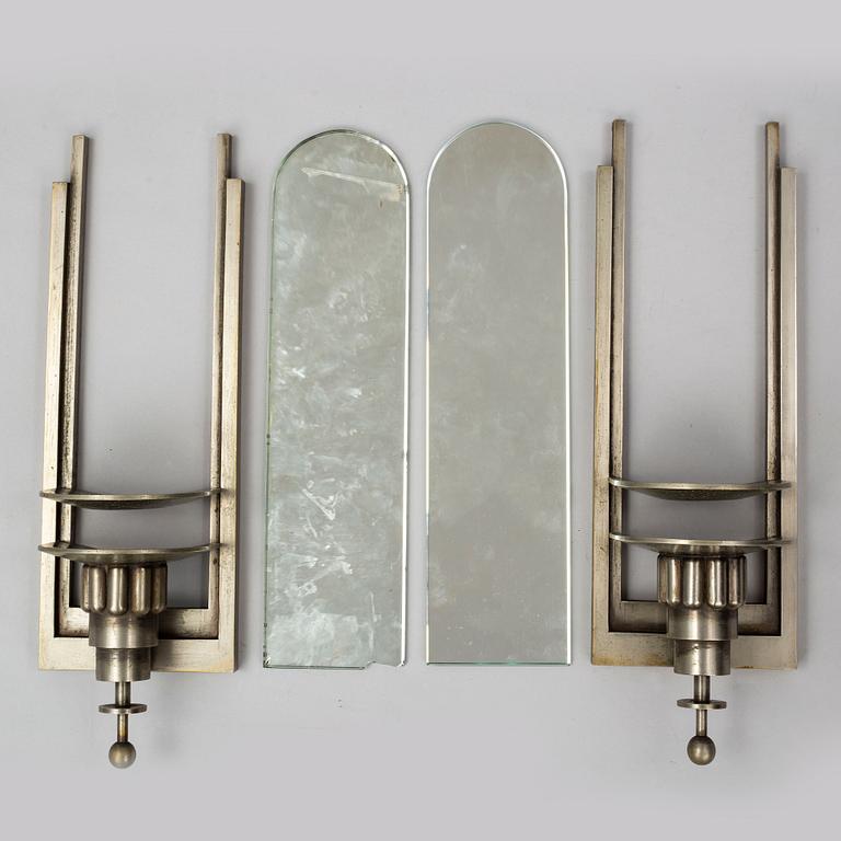 WALL LIGHTS, a pair of 1930's white metal and mirror glass.