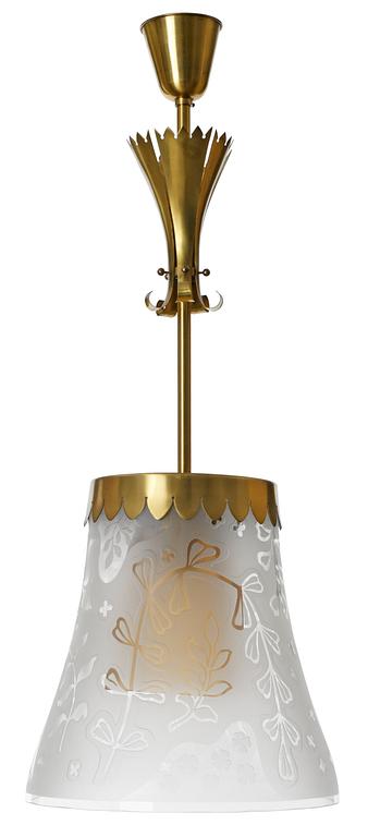 A Glössner ceiling lamp with yellow and clear glass shades, brass fitting, 1940's.