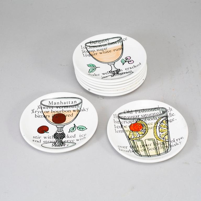 PIERO FORNASETTI, glasunderlägg, 8 st, flintgods, Milano, Italien.