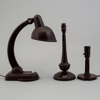 a set of three bakelite table lamps, ca 1930's.